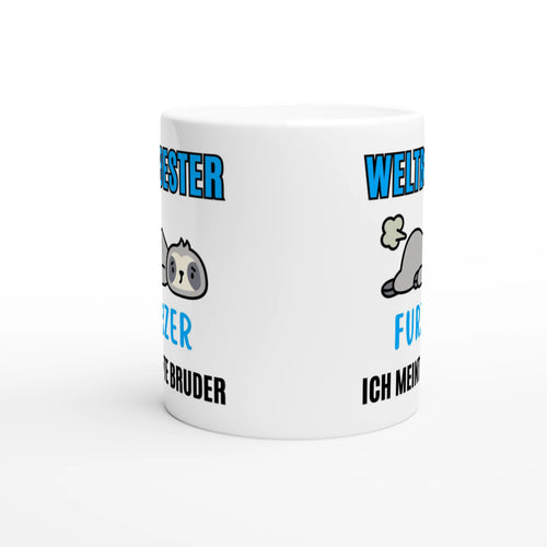 Weiße Bruder-Tasse mit Spruch „Weltbester Furzer – ich meinte Bruder“ – Ansicht 2