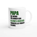 Weiße Papa-Tasse mit Spruch „Papa, ich werde für immer dein kleines Mädchen (durchgestrichen) finanzielles Problem bleiben.“