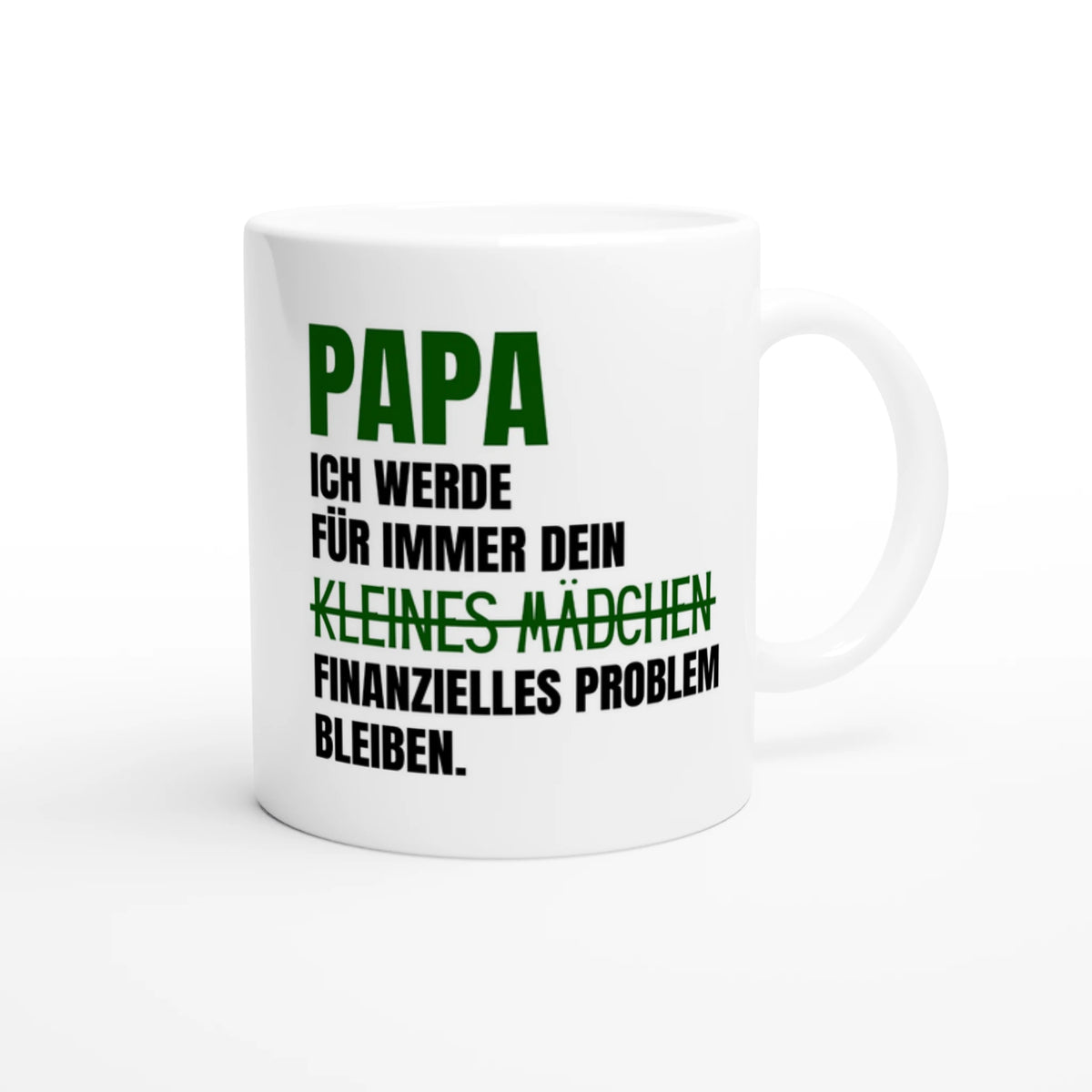 Weiße Papa-Tasse mit Spruch „Papa, ich werde für immer dein kleines Mädchen (durchgestrichen) finanzielles Problem bleiben.“