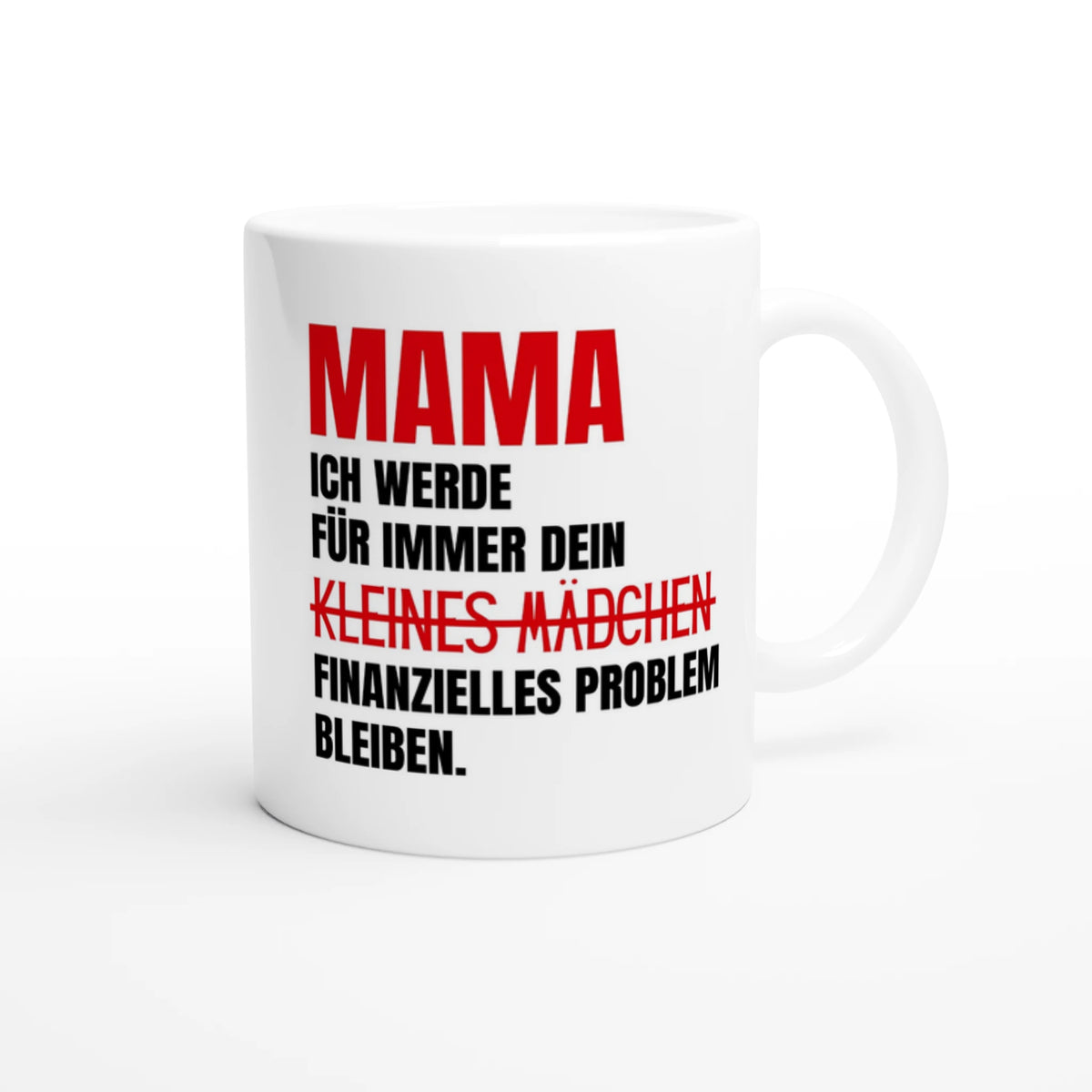 Weiße Mama-Tasse mit Spruch „Mama, ich werde für immer dein kleines Mädchen (durchgestrichen) finanzielles Problem bleiben.“