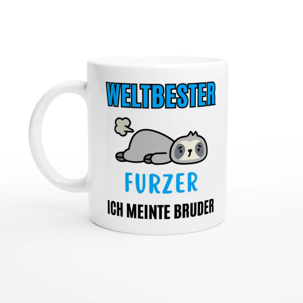 Weiße Bruder-Tasse mit Spruch „Weltbester Furzer – ich meinte Bruder“ – Ansicht 3