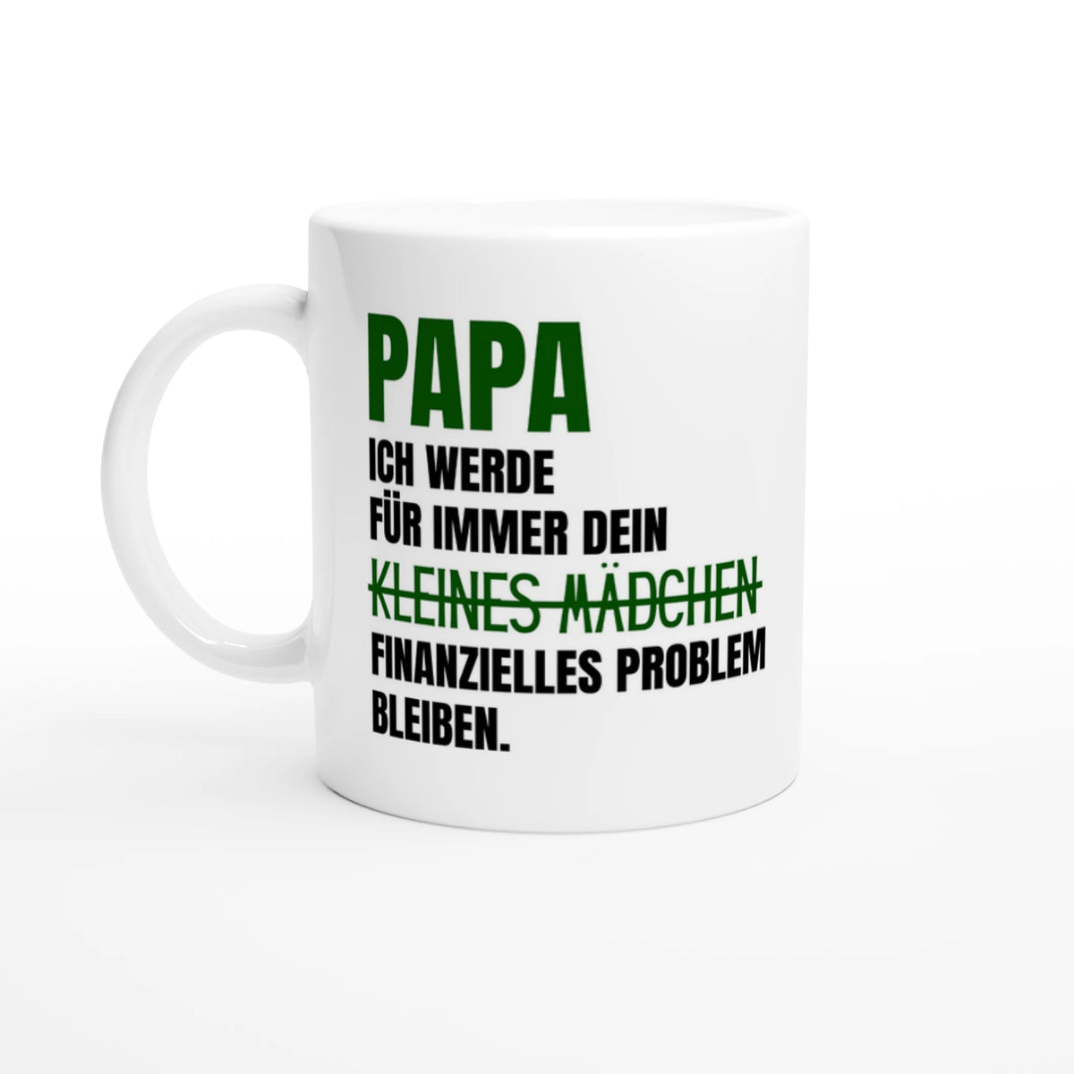 Weiße Papa-Tasse mit Spruch „Papa, ich werde für immer dein kleines Mädchen (durchgestrichen) finanzielles Problem bleiben.“ – Ansicht 2
