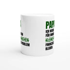 Weiße Papa-Tasse mit Spruch „Papa, ich werde für immer dein kleines Mädchen (durchgestrichen) finanzielles Problem bleiben.“ – Ansicht 3