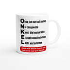 Onkel Tasse mit Akrostichon-Spruch Lacht am lautesten – weiße Keramiktasse, Vorderansicht