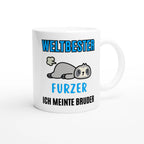 Weiße Bruder-Tasse mit Spruch „Weltbester Furzer – ich meinte Bruder“