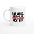 Weiße Keramiktasse zum Schrottwichteln mit lustigem Spruch