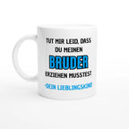 Weiße Eltern-Tasse mit Spruch „Tut mir leid, dass du meinen Bruder erziehen musstest. – Dein Lieblingskind“ – Ansicht 3