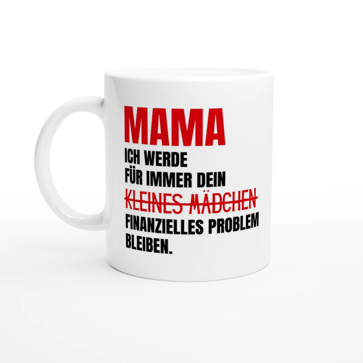 Weiße Mama-Tasse mit Spruch „Mama, ich werde für immer dein kleines Mädchen (durchgestrichen) finanzielles Problem bleiben.“ – Ansicht 2