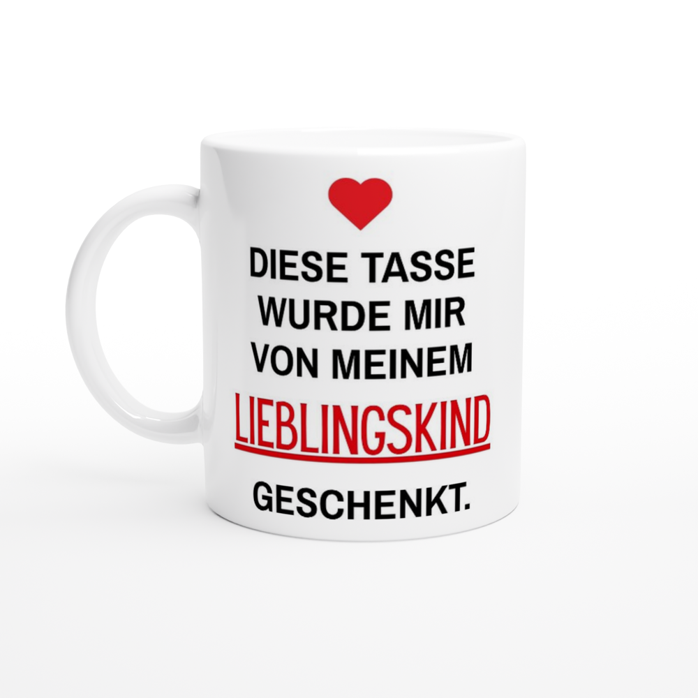 Weiße Eltern-Tasse mit Spruch „Diese Tasse wurde mir von meinem Lieblingskind geschenkt.“ – Ansicht 3