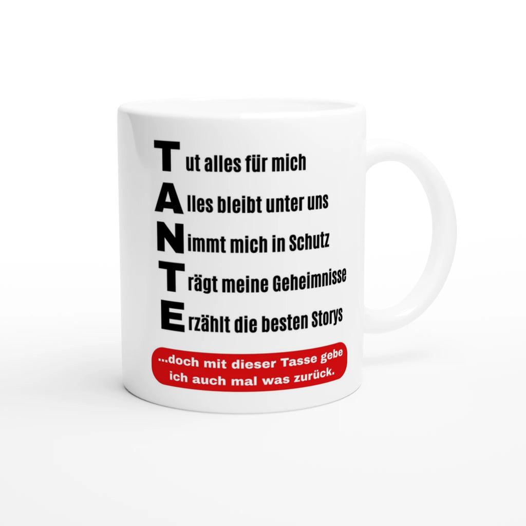 Tante Tasse mit Akrostichon-Spruch Alles bleibt unter uns – weiße Keramiktasse, Vorderansicht